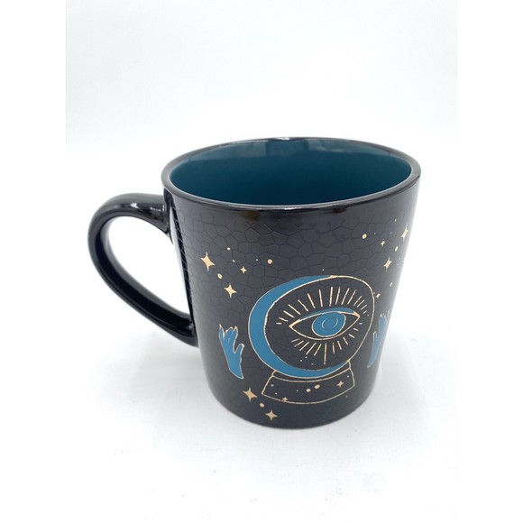 Cobwebs & Cauldrons Huge 20 oz. Mug Crystal Ball Eye Hands Stars Black Blue Gold - Picture 5 of 9